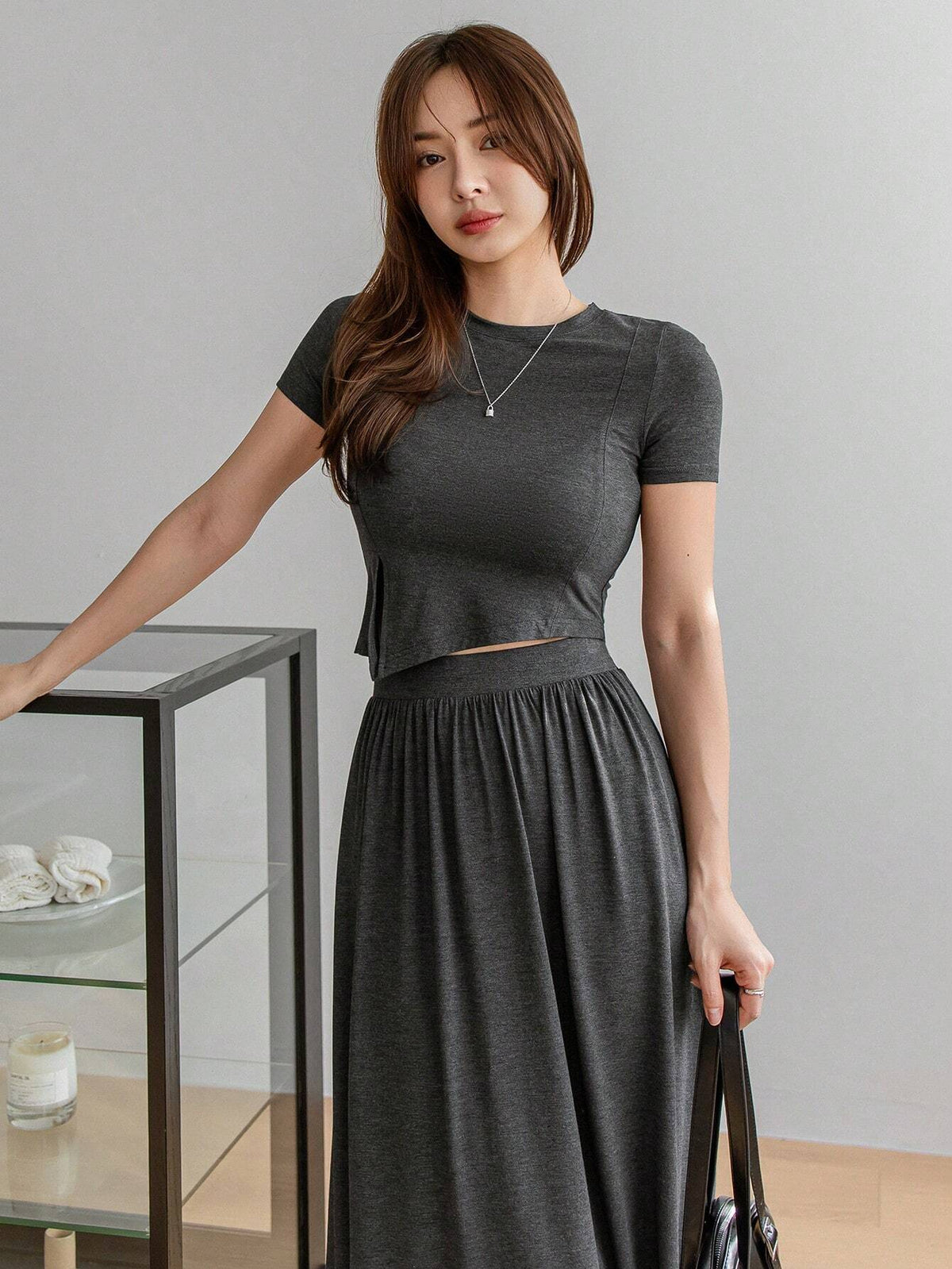 Dazy-Less Women's Round Neck Short Sleeve Asymmetrical Hem Top And Long Skirt Set