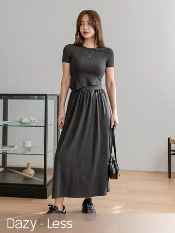 Dazy-Less Women's Round Neck Short Sleeve Asymmetrical Hem Top And Long Skirt Set