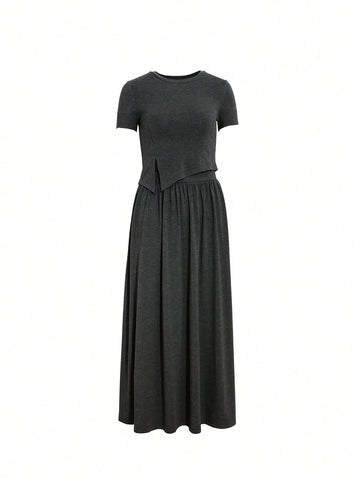 Dazy-Less Women's Round Neck Short Sleeve Asymmetrical Hem Top And Long Skirt Set