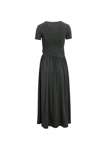 Dazy-Less Women's Round Neck Short Sleeve Asymmetrical Hem Top And Long Skirt Set