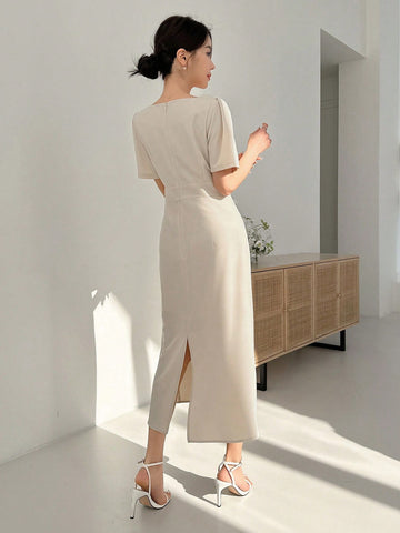 Dazy Designer Ladies Apricot-Colored Sweetheart Collar Long Dress