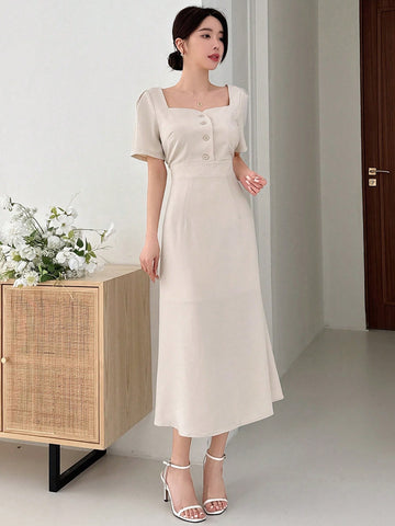 Dazy Designer Ladies Apricot-Colored Sweetheart Collar Long Dress