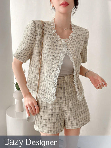 Dazy Designer Ladies" Elegant Two-Piece Set With Apricot-Colored Lace Splice And Delicate Design Sense