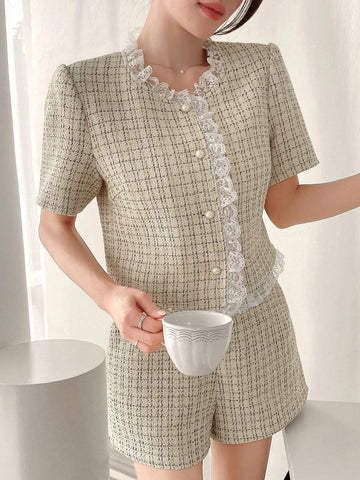 Dazy Designer Ladies" Elegant Two-Piece Set With Apricot-Colored Lace Splice And Delicate Design Sense