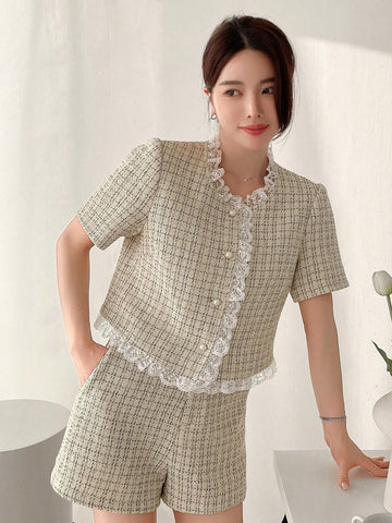 Dazy Designer Ladies" Elegant Two-Piece Set With Apricot-Colored Lace Splice And Delicate Design Sense