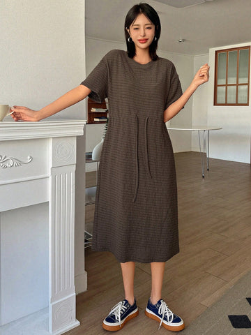 Dazy Designer Ladies' Round Neck Short Sleeve Drawstring Waist Dress