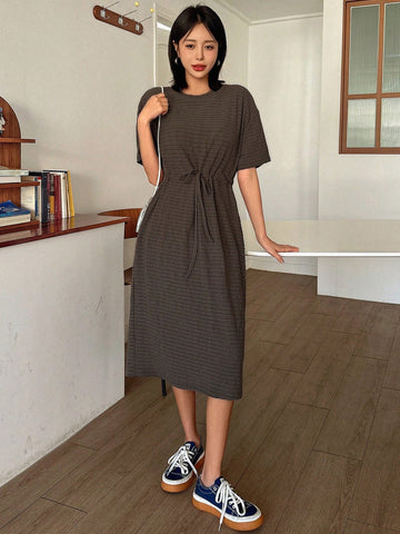 Dazy Designer Ladies' Round Neck Short Sleeve Drawstring Waist Dress