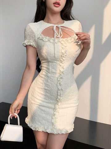 Dazy Designer Ladies' Solid Color Texture Fabric Mesh Lace Short Sleeve Dress With Hollow Design