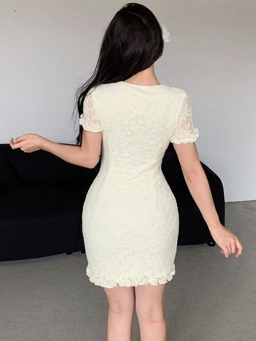 Dazy Designer Ladies' Solid Color Texture Fabric Mesh Lace Short Sleeve Dress With Hollow Design