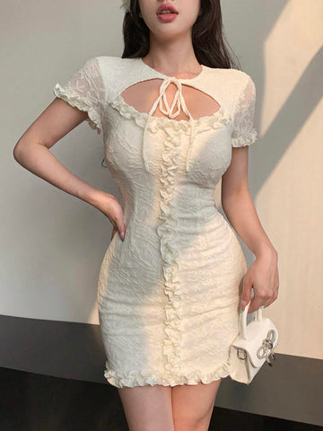 Dazy Designer Ladies' Solid Color Texture Fabric Mesh Lace Short Sleeve Dress With Hollow Design