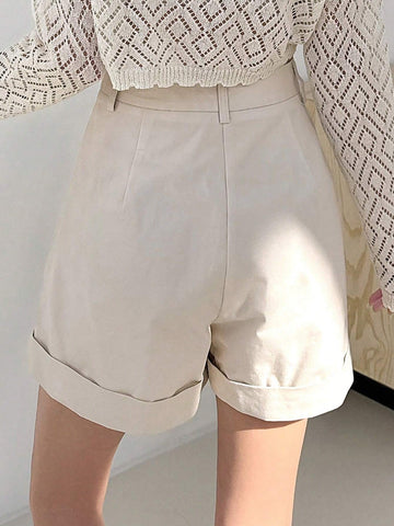 Dazy Designer Ladies' Tailored White Shorts With Flipped Hem Detail