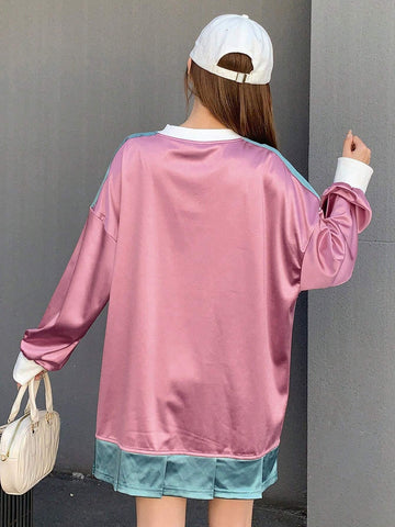 Letter Graphic Colorblock Drop Shoulder Satin 2 In 1 Tee