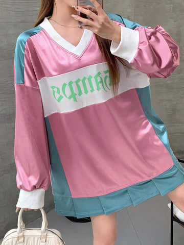 Letter Graphic Colorblock Drop Shoulder Satin 2 In 1 Tee
