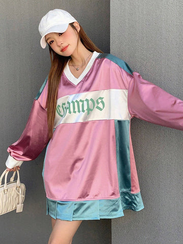 Letter Graphic Colorblock Drop Shoulder Satin 2 In 1 Tee