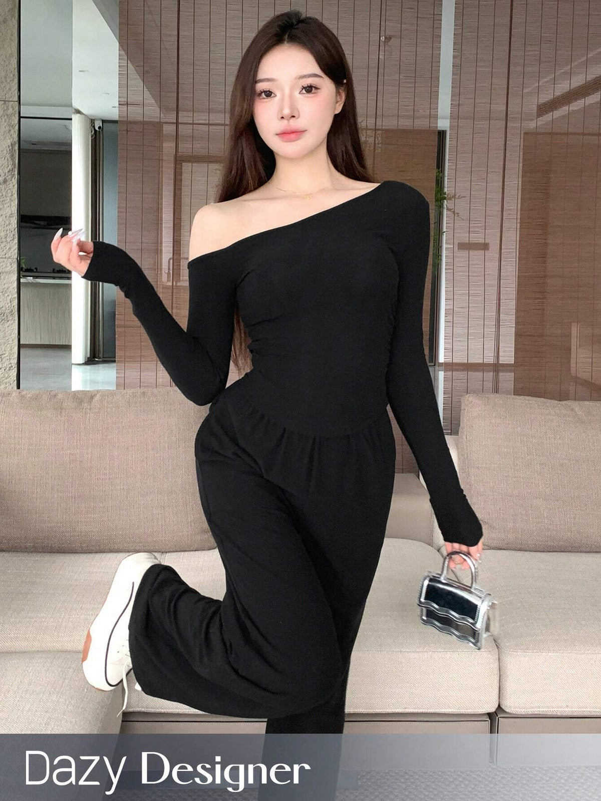 Dazy Designer Oblique-Shoulder Long Sleeve Cropped Tight T-Shirt And Elastic Waist Loose Fit Long Pants 2pcs/Set