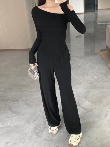 Dazy Designer Oblique-Shoulder Long Sleeve Cropped Tight T-Shirt And Elastic Waist Loose Fit Long Pants 2pcs/Set