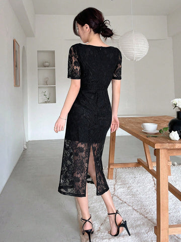 Dazy Designer Square Neckline Lace Combination Dress