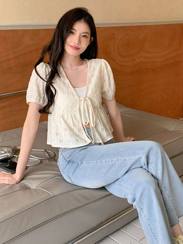 Designer Women Short Knitted Cardigan T-Shirt With Design Band