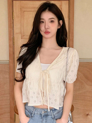 Designer Women Short Knitted Cardigan T-Shirt With Design Band