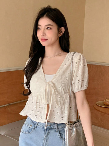 Designer Women Short Knitted Cardigan T-Shirt With Design Band