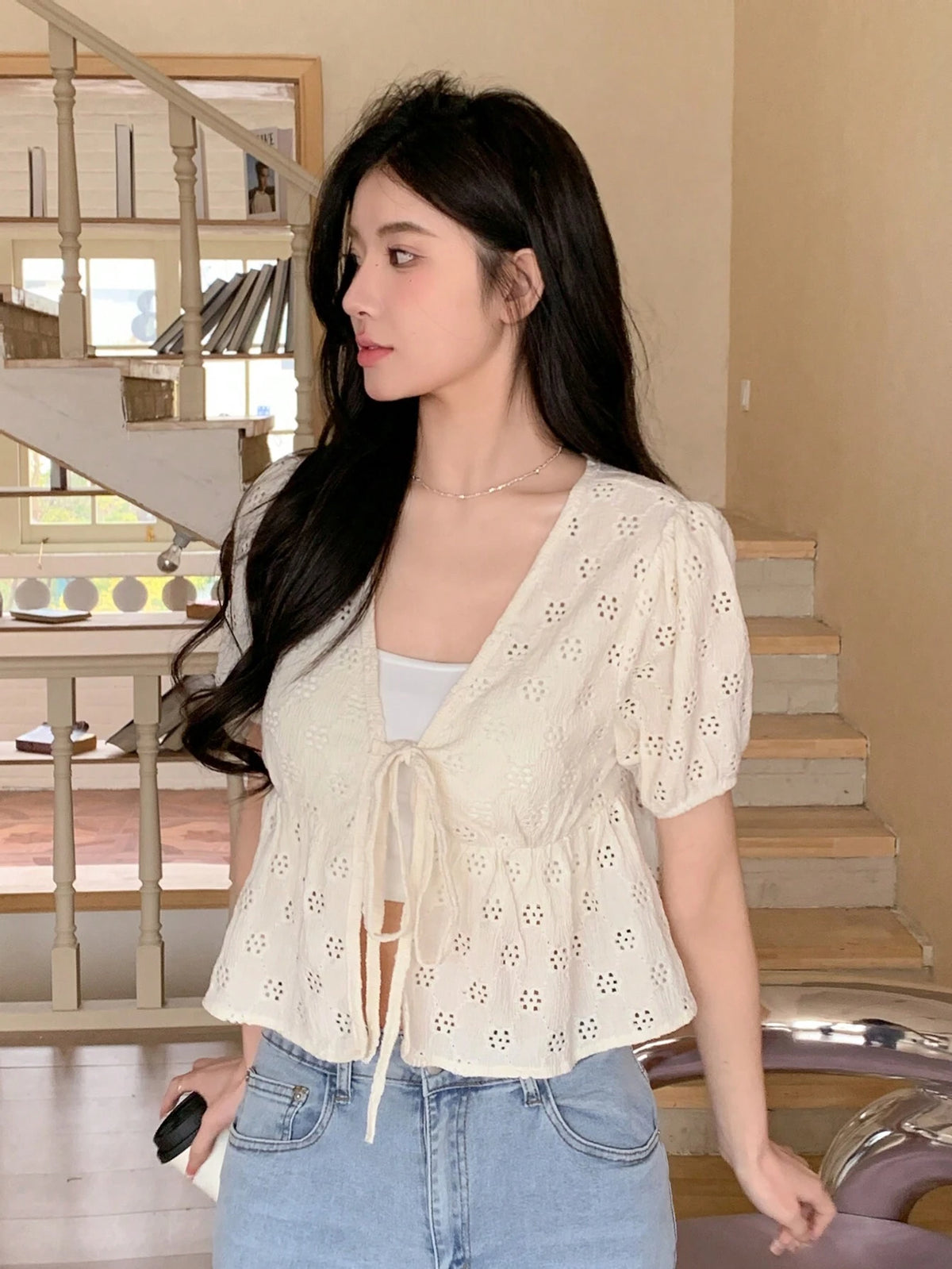 Designer Women Short Knitted Cardigan T-Shirt With Design Band