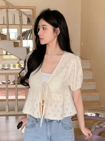 Designer Women Short Knitted Cardigan T-Shirt With Design Band