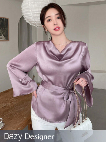 Designer Women V-Neckline Shirt With Drawstring Waist And Bell Sleeves, Solid Color With Design Sense