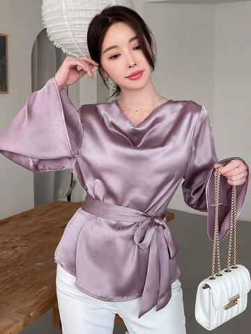 Designer Women V-Neckline Shirt With Drawstring Waist And Bell Sleeves, Solid Color With Design Sense