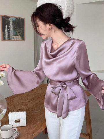 Designer Women V-Neckline Shirt With Drawstring Waist And Bell Sleeves, Solid Color With Design Sense