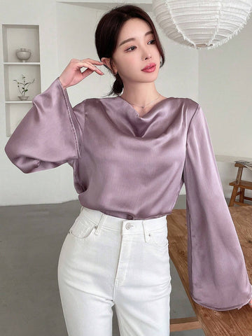 Designer Women V-Neckline Shirt With Drawstring Waist And Bell Sleeves, Solid Color With Design Sense