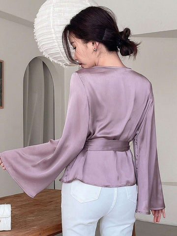 Designer Women V-Neckline Shirt With Drawstring Waist And Bell Sleeves, Solid Color With Design Sense