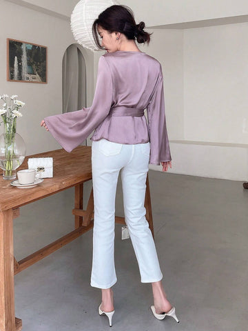 Designer Women V-Neckline Shirt With Drawstring Waist And Bell Sleeves, Solid Color With Design Sense