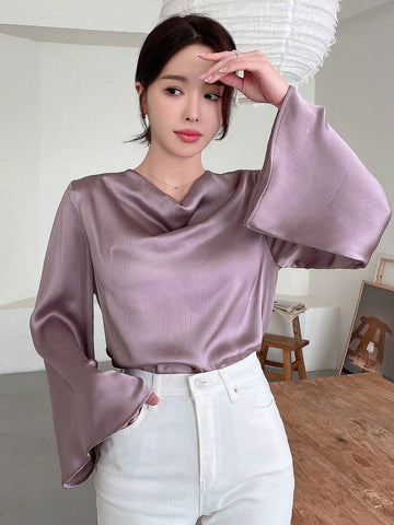 Designer Women V-Neckline Shirt With Drawstring Waist And Bell Sleeves, Solid Color With Design Sense