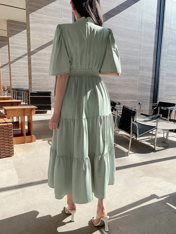 Dazy Designer Women's Belted Ruffle Flounce Hem Dress With Design Sense