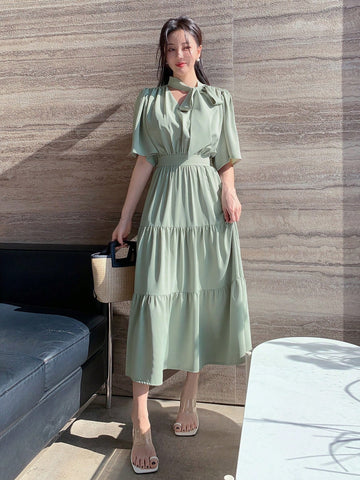 Dazy Designer Women's Belted Ruffle Flounce Hem Dress With Design Sense