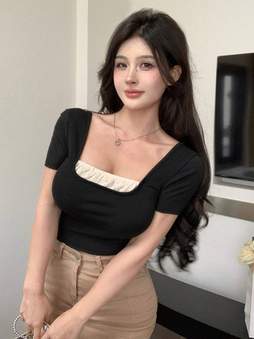 Dazy Designer Women's Color Blocking Short Sleeve T-Shirt