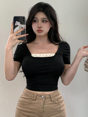 Dazy Designer Women's Color Blocking Short Sleeve T-Shirt