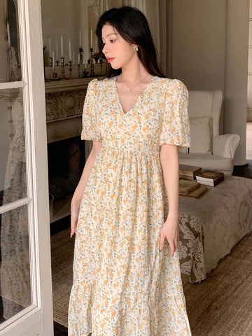 Dazy Designer Women's Floral Print Bubble Sleeve Design A-Line Dress