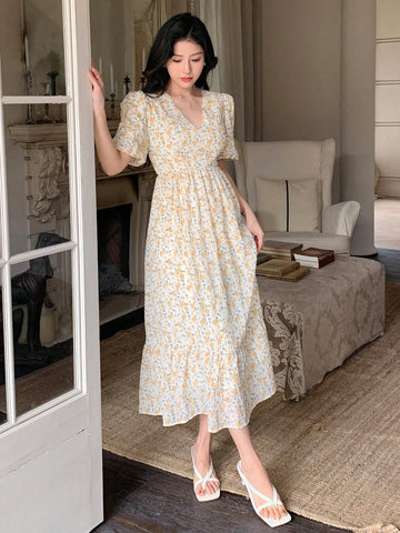 Dazy Designer Women's Floral Print Bubble Sleeve Design A-Line Dress