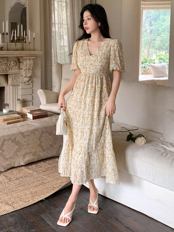 Dazy Designer Women's Floral Print Bubble Sleeve Design A-Line Dress