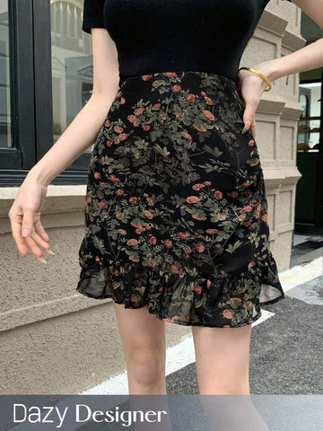 Dazy Designer Women's Floral & Plant Printed Ruffle Hem Skirt