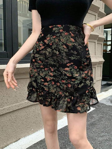 Dazy Designer Women's Floral & Plant Printed Ruffle Hem Skirt