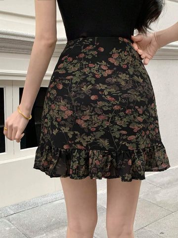 Dazy Designer Women's Floral & Plant Printed Ruffle Hem Skirt