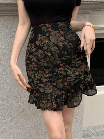 Dazy Designer Women's Floral & Plant Printed Ruffle Hem Skirt