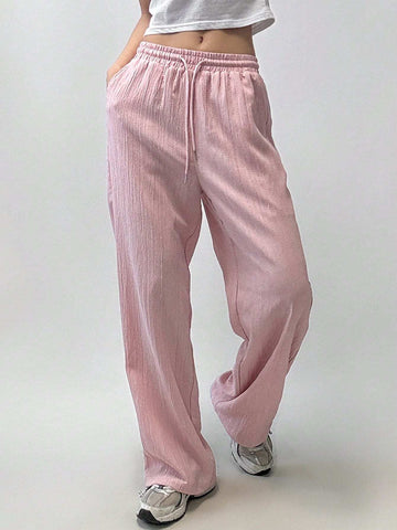 Dazy Designer Women's Pink Drawstring Straight Leg Pants