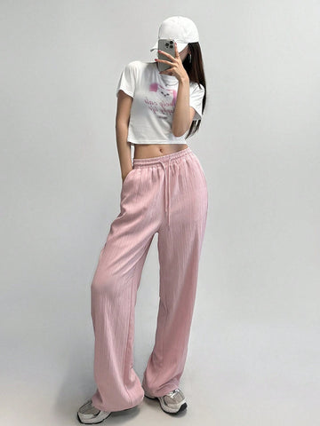 Dazy Designer Women's Pink Drawstring Straight Leg Pants