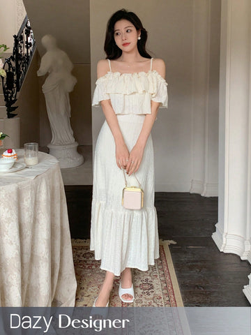 Dazy Designer Women's Ruffled Off Shoulder Top And Ruffle Hem Skirt Set