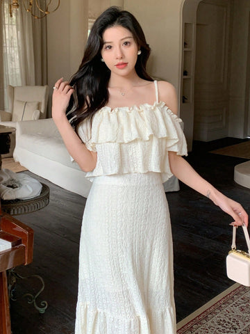 Dazy Designer Women's Ruffled Off Shoulder Top And Ruffle Hem Skirt Set