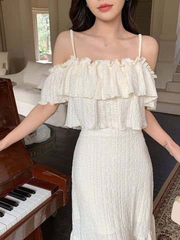 Dazy Designer Women's Ruffled Off Shoulder Top And Ruffle Hem Skirt Set