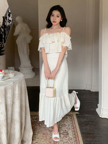 Dazy Designer Women's Ruffled Off Shoulder Top And Ruffle Hem Skirt Set